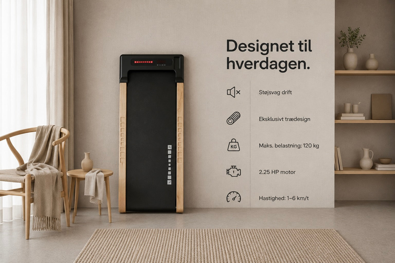 Kompakt gåbånd med træfinish på dækpladen, set skråt ovenfra