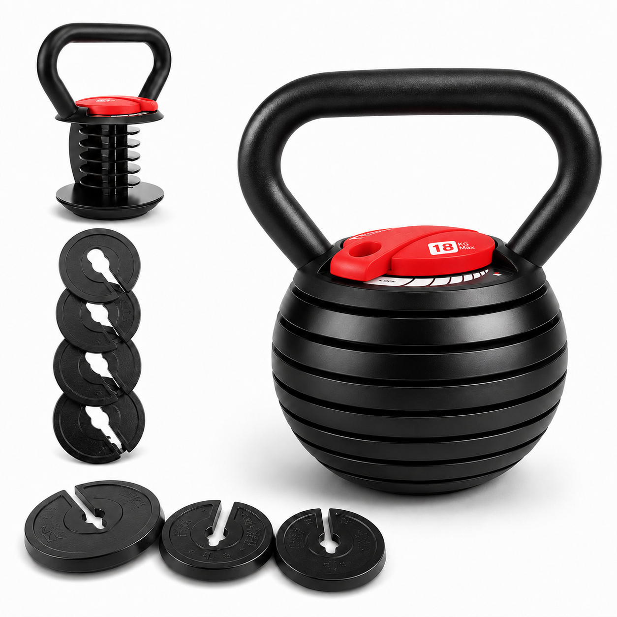 Justerbart kettlebellsæt med løse vægtskiver og håndtag