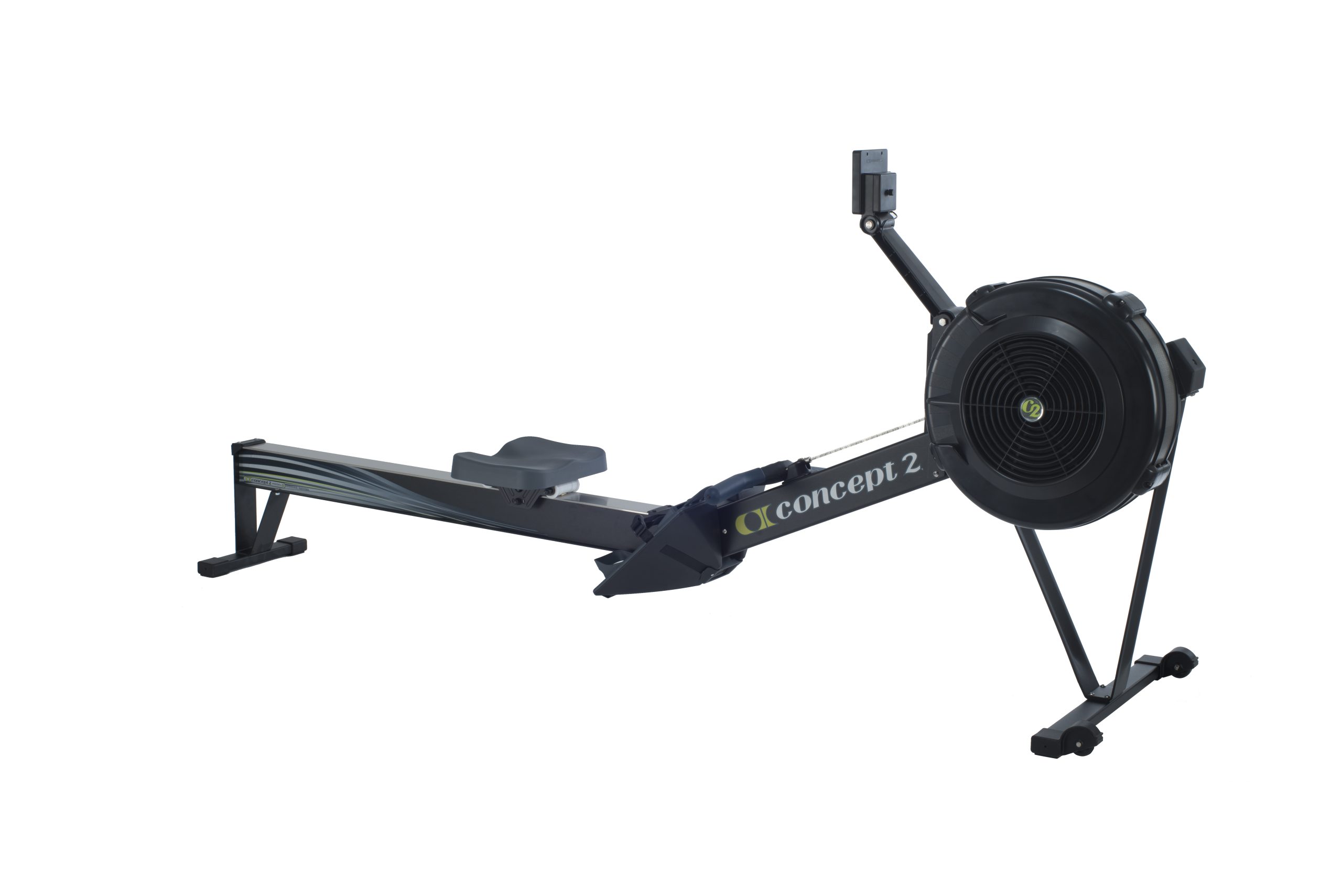 Romaskine Concept2 RowErg med PM5-monitor og sort skinne, set skråt fra siden