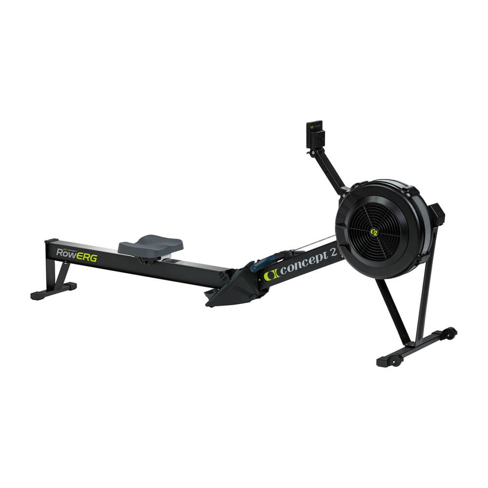 Romaskine Concept2 RowErg med PM5-monitor og sort skinne, set skråt fra siden