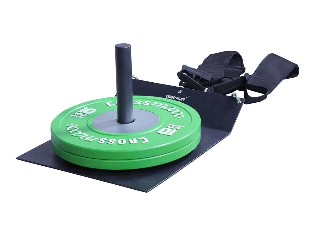 Træningsslæde (Crossmaxx Compact Slæde med sele) med håndtag og stolper til vægtskiver, produktfoto
