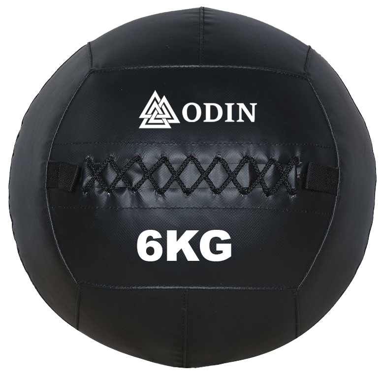 Sort wall ball på 6 kg med syet, blød overflade og vægtangivelse